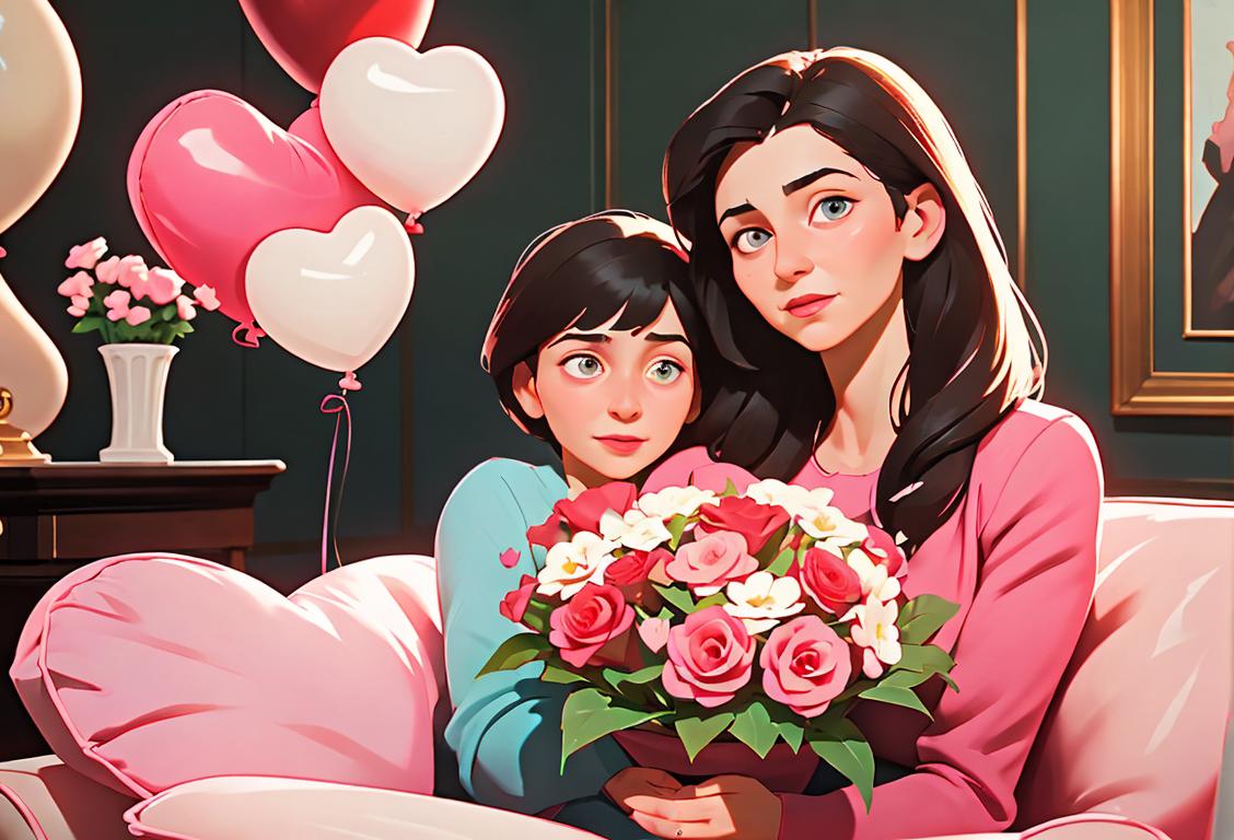 A loving mother holding a bouquet of flowers, surrounded by heart-shaped balloons, in a cozy living room decorated with family photos..