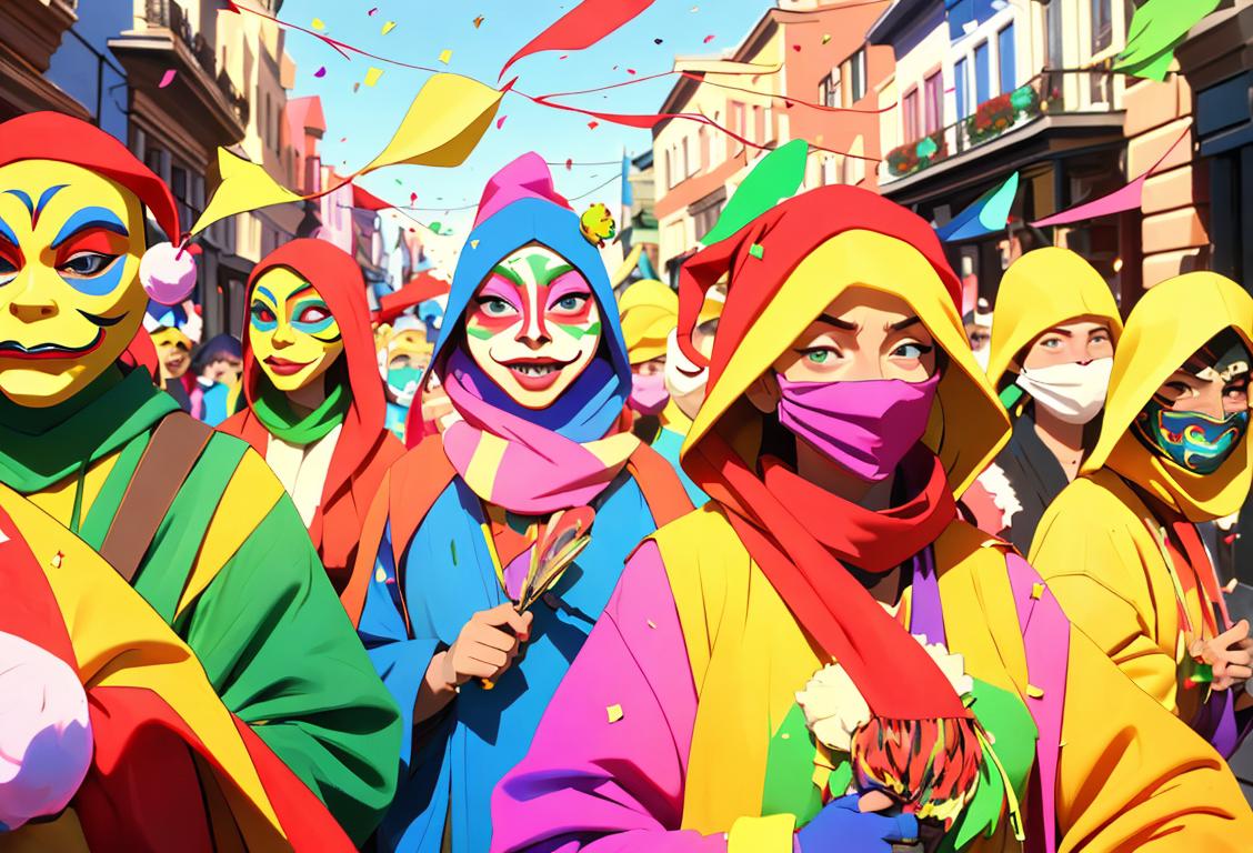 A group of people wearing colorful masks, donning festive attire, and throwing confetti in a vibrant street parade..