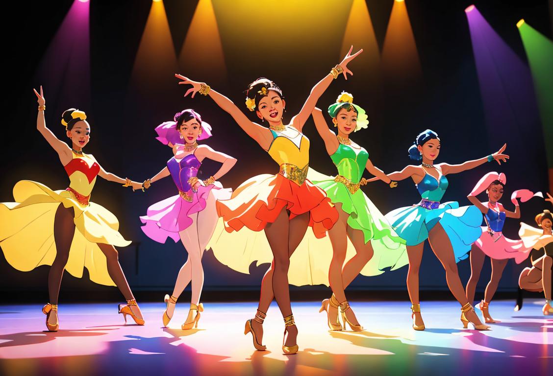 Group of diverse individuals tap dancing in a vibrant dance studio, wearing colorful dance costumes and surrounded by instruments..