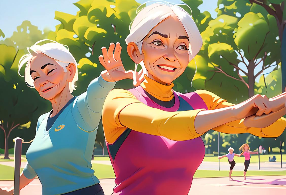 Cheerful senior woman wearing athletic clothing, doing yoga in a serene park, surrounded by supportive family members and friends..