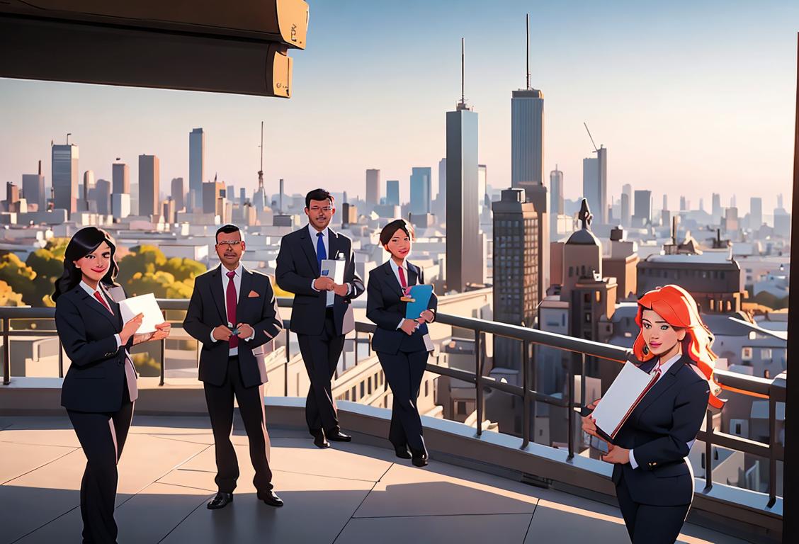Happy employees in various professions, each wearing unique uniforms, against a cityscape backdrop, representing the diversity and hard work of employees across the nation..