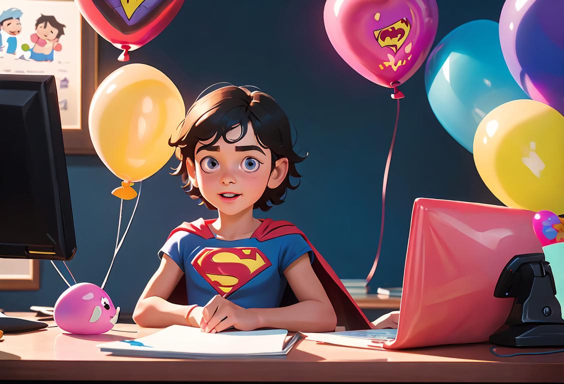 An office space adorned with colorful balloons, a child-sized desk with a superhero cape, and a blurred image of a parent happily working in the background..