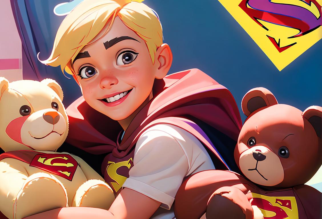 Young child with a big smile, wearing superhero cape, holding a teddy bear, colorful hospital room background..