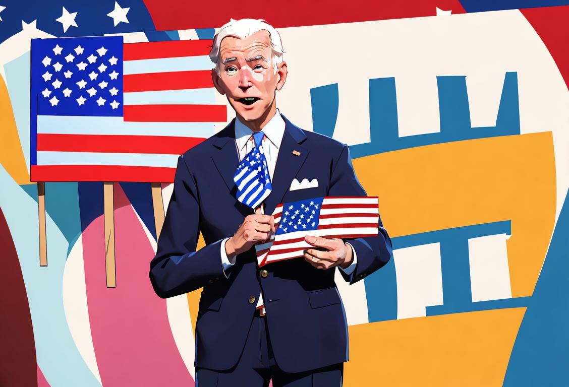 Cheerful person wearing patriotic colors, holding a sign that says 'No Vote Biden', surrounded by American flags, in a lively political rally setting..