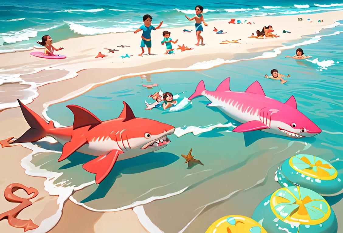A group of smiling children, dressed in colorful swimwear, playing in the ocean water with a shark-shaped floatie and beach toys. Beach scene with sandcastle in the background..