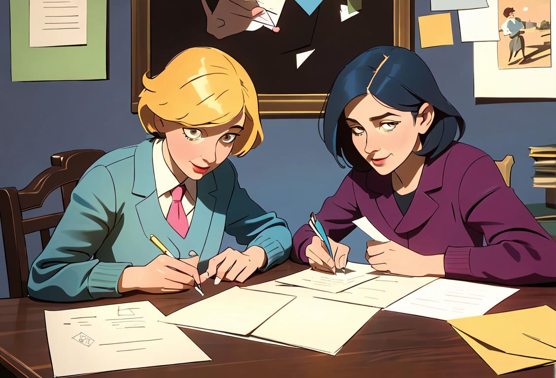 Two people sitting at a table, writing letters to each other, surrounded by vintage stationery and colorful envelopes..