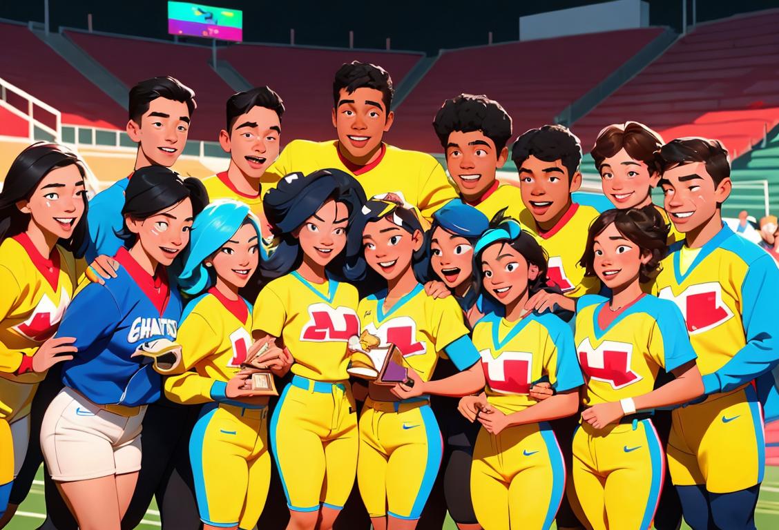 A group of diverse athletes celebrating their victory in the small varsity coed game, wearing brightly colored uniforms, in a vibrant stadium..