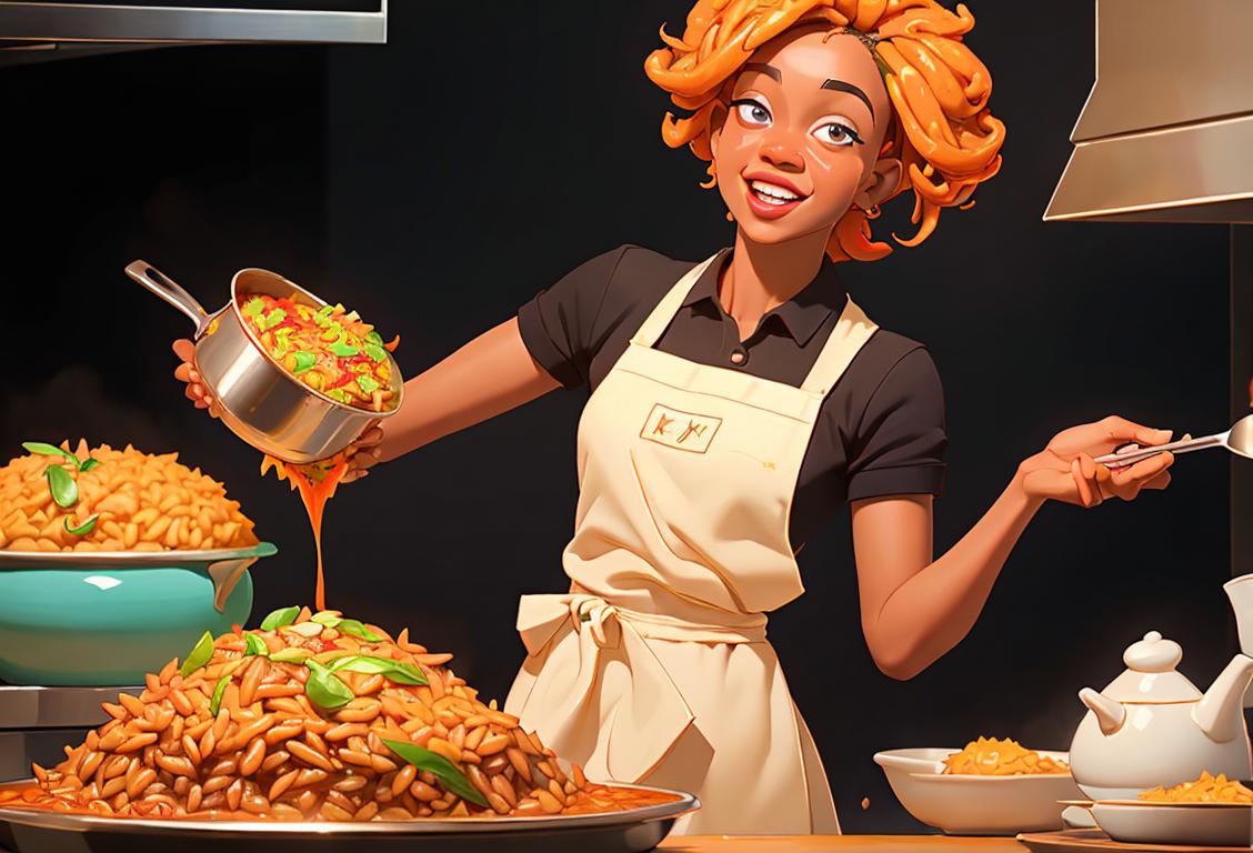 A joyful chef holding a steaming pot of jollof rice, wearing a colorful apron, vibrant African-inspired fashion, bustling kitchen scene..