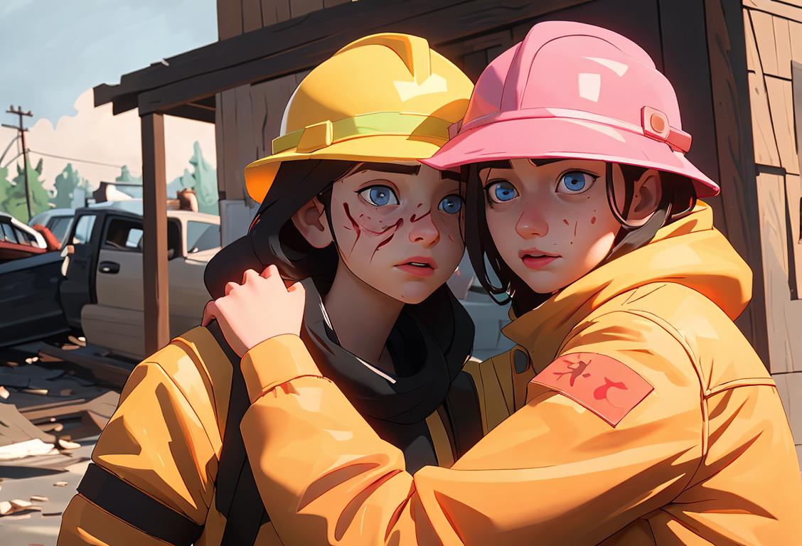 Young people helping each other in the aftermath of a natural disaster, wearing safety gear, in a community setting..