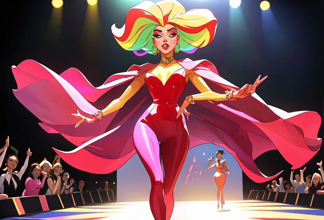A stunning drag performer strutting down the runway, adorned in glamorous attire, with a colorful crowd cheering in the background..