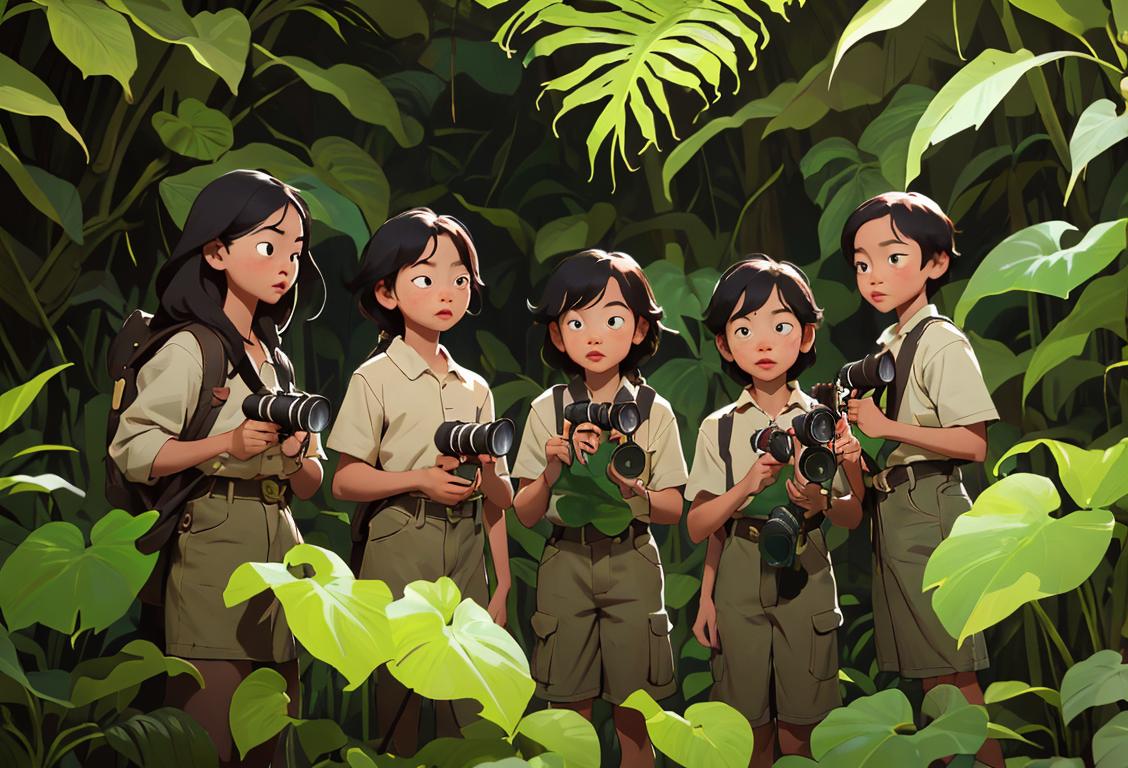 A group of diverse children wearing explorer outfits, holding binoculars, surrounded by images of endangered species in a lush jungle setting..