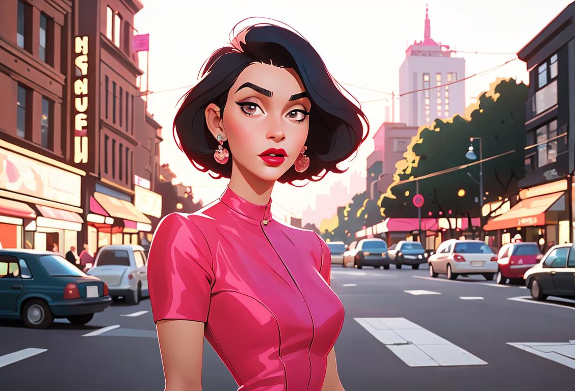 Young woman applying lipstick, wearing a vibrant dress, retro vintage fashion, urban cityscape in the background..