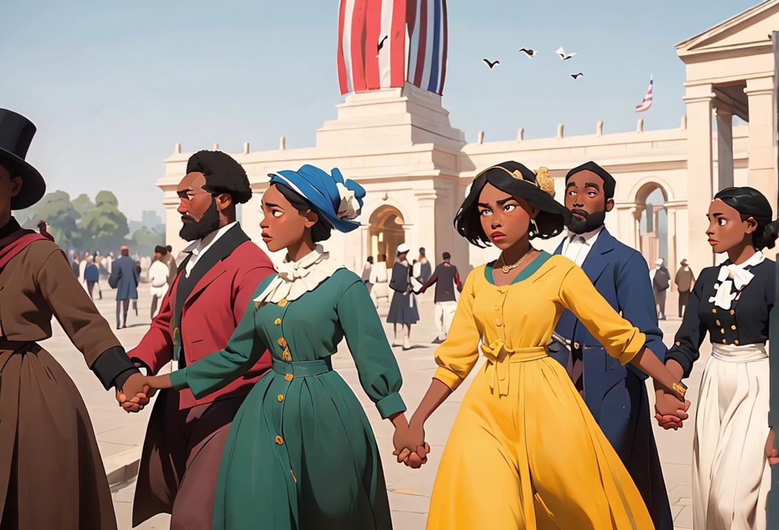 A diverse group of people holding hands, wearing clothing from different time periods, against a backdrop of iconic landmarks, celebrating freedom and unity..