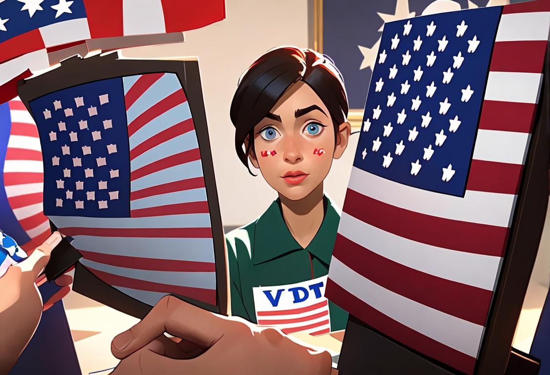 A diverse group of people wearing patriotic clothing, holding voter registration forms, surrounded by American flags and a voting booth in the background..