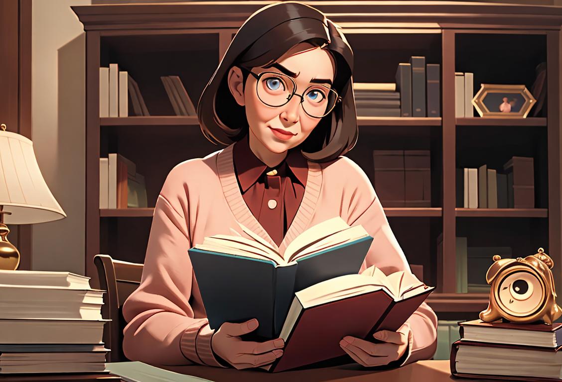 A friendly librarian with glasses, surrounded by towering bookshelves, helping someone with a book, cozy library setting..