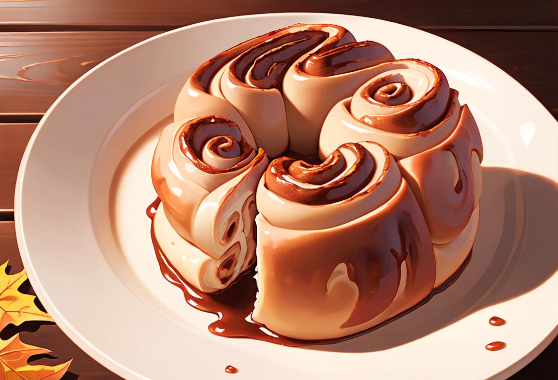 A warm cinnamon roll topped with chili flakes, surrounded by a cozy fall sweater, rustic wooden table, and autumn leaves..