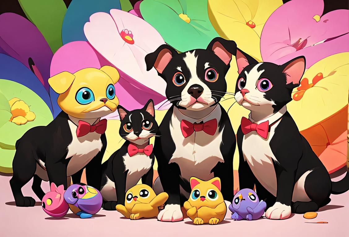 A diverse group of adorable pets sitting together, wearing matching bowties and surrounded by colorful toys and flowers..