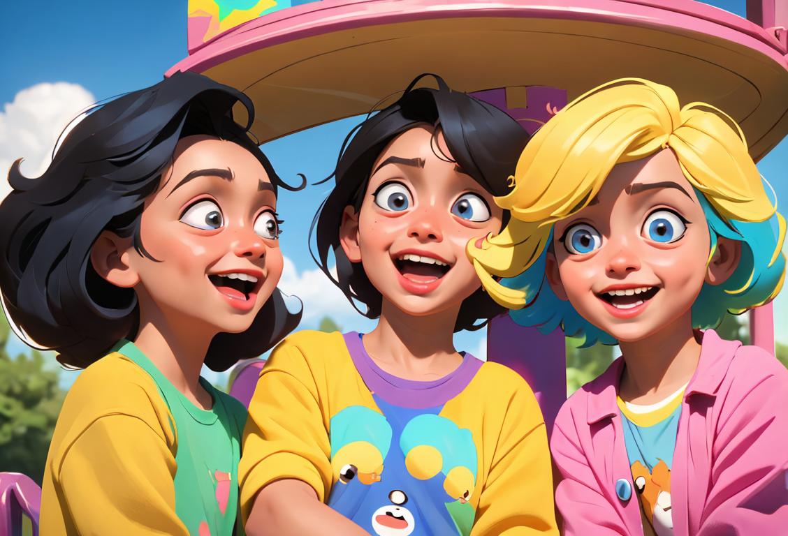 A group of diverse children telling knock knock jokes with big smiles on their faces, wearing colorful clothes in a sunny playground..