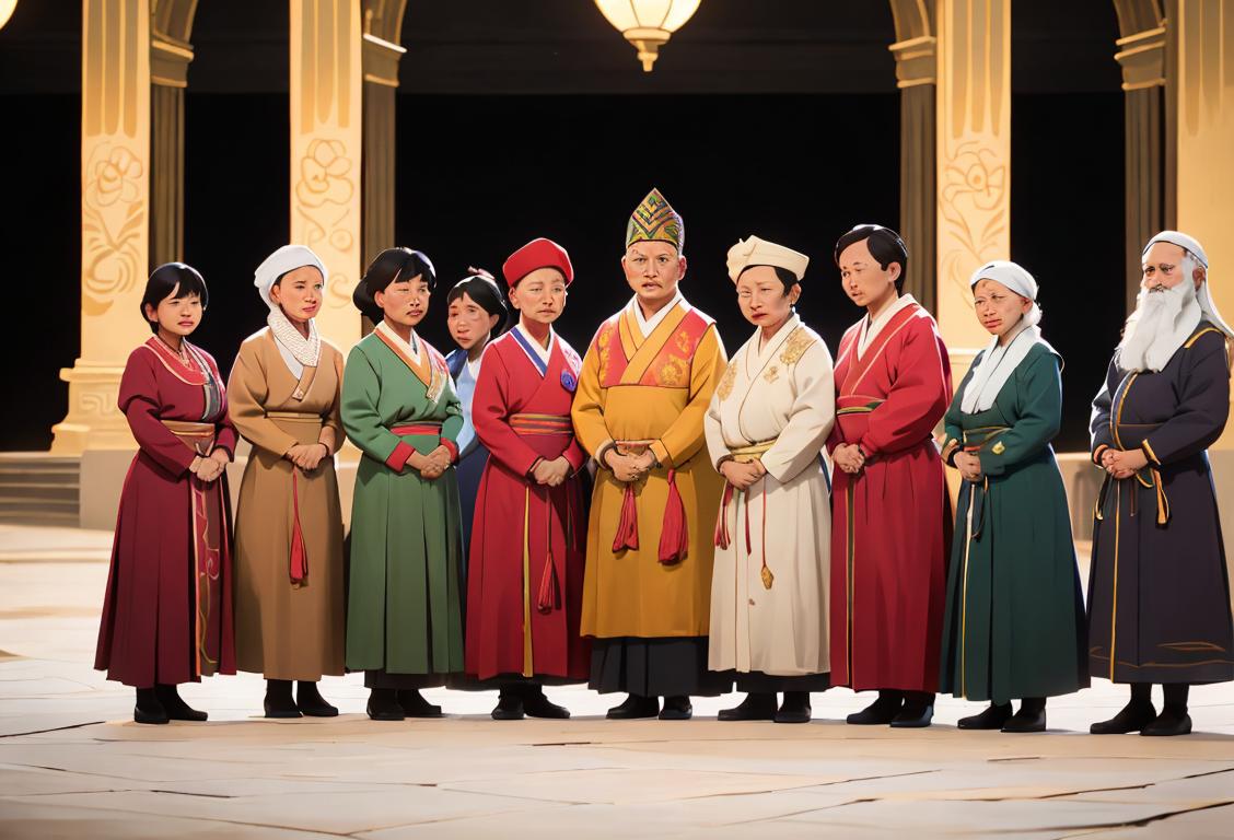 A diverse group of people from around the world, wearing traditional clothing, holding hands, standing in front of the United Nations building..