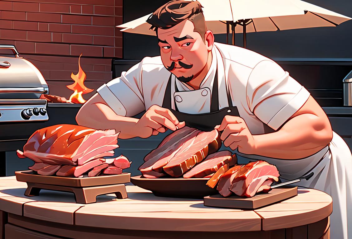 A person in a chef's hat, proudly holding a juicy pork butt on a smoking grill, surrounded by a backyard BBQ setup with friends enjoying the smoky aroma..
