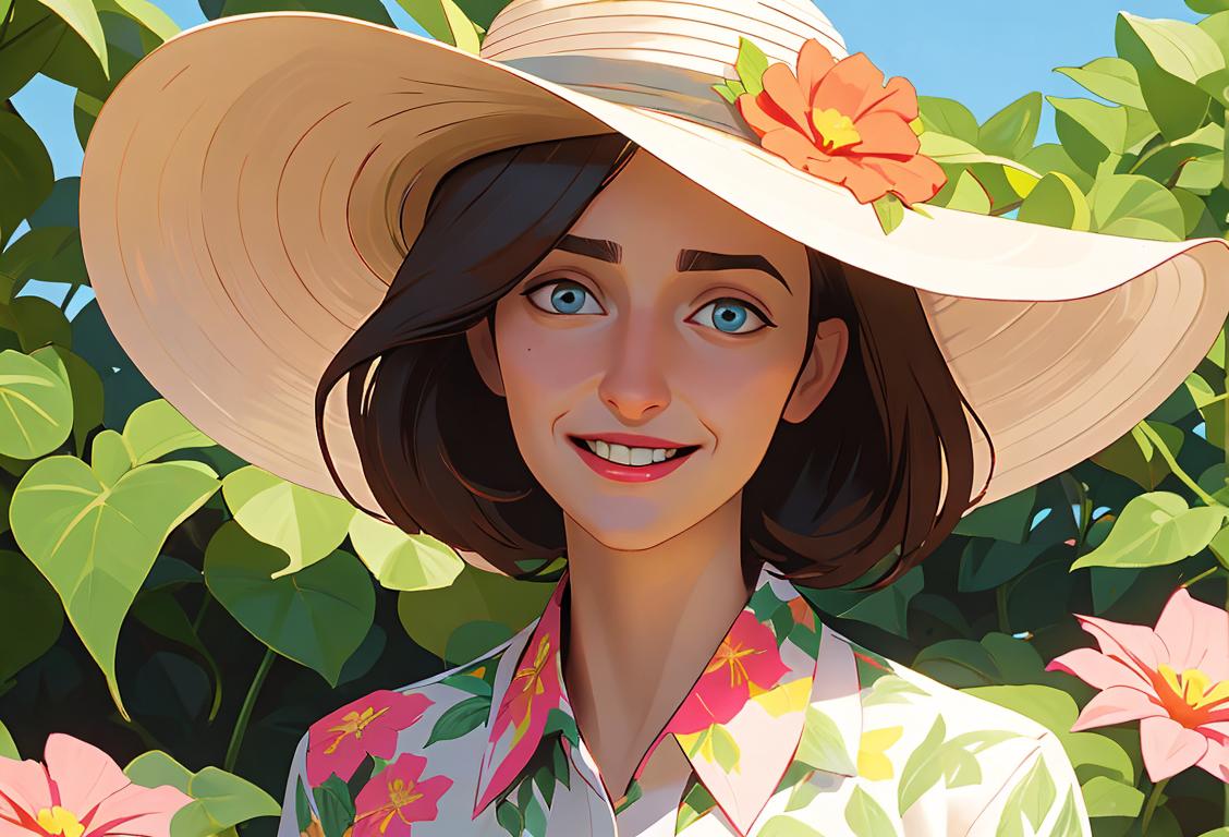 A joyful hscp enthusiast, wearing a floral shirt and a sun hat, surrounded by a lush garden..