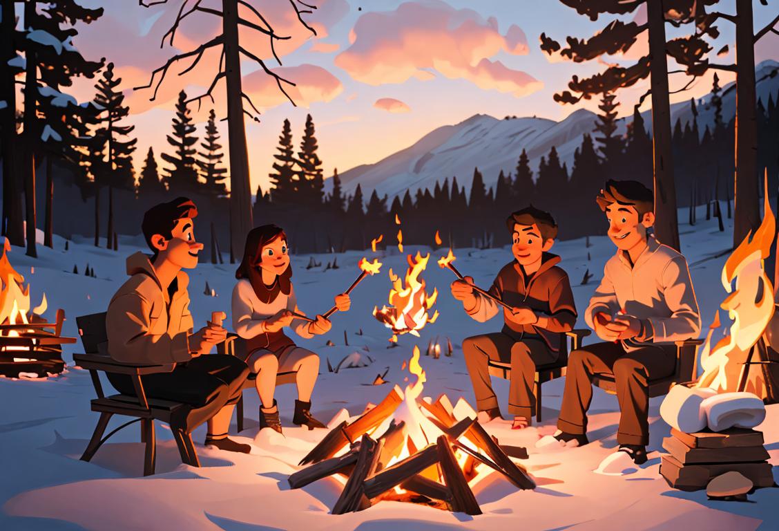 A group of friends gathered around a campfire, roasting marshmallows on sticks, enjoying the warm glow of the fire..