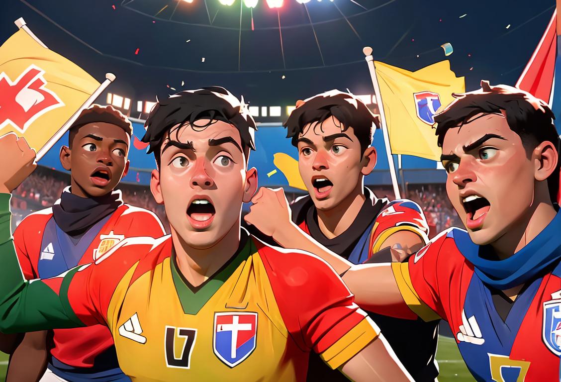 Group of diverse football players in national team jerseys, celebrating a winning goal, surrounded by cheering fans with flags and scarves..