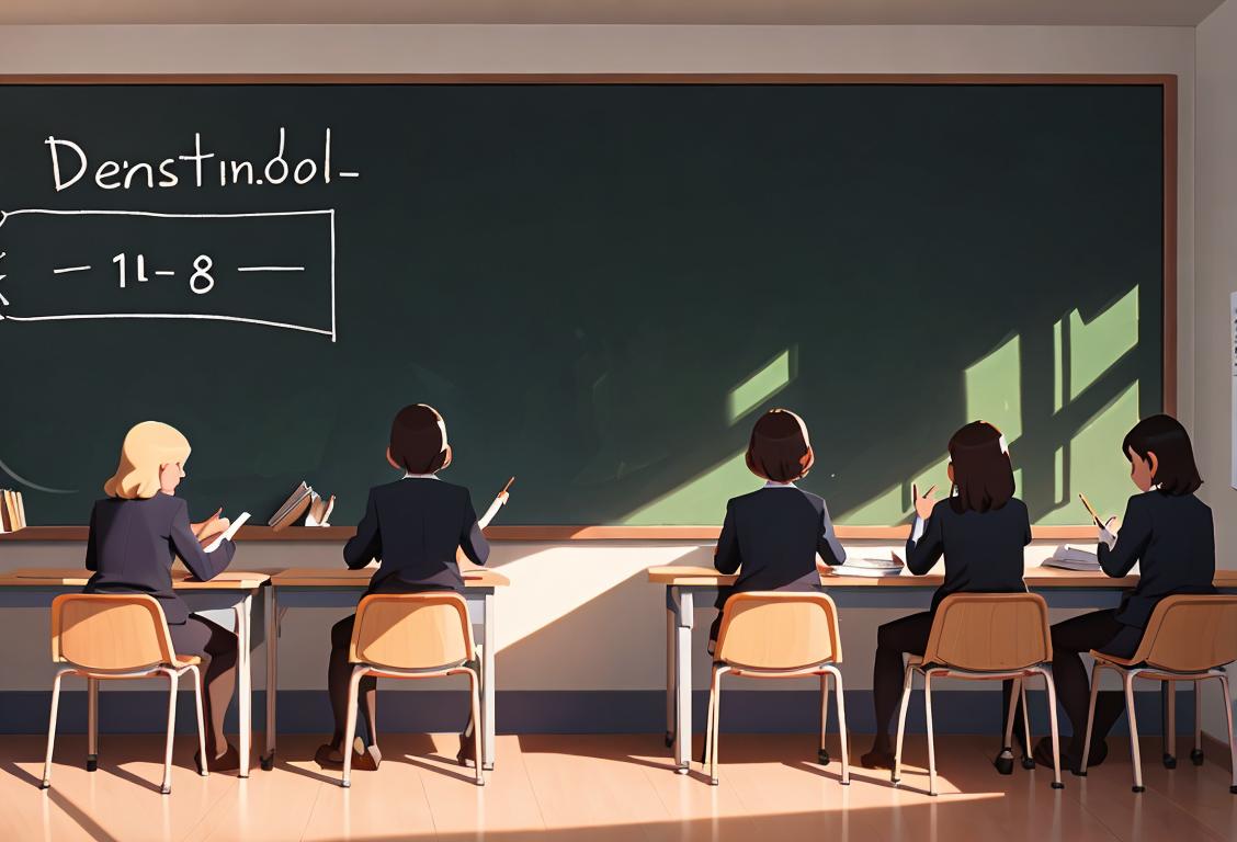 A group of diverse students sitting at desks with textbooks, wearing school uniforms, surrounded by motivational posters and a chalkboard..