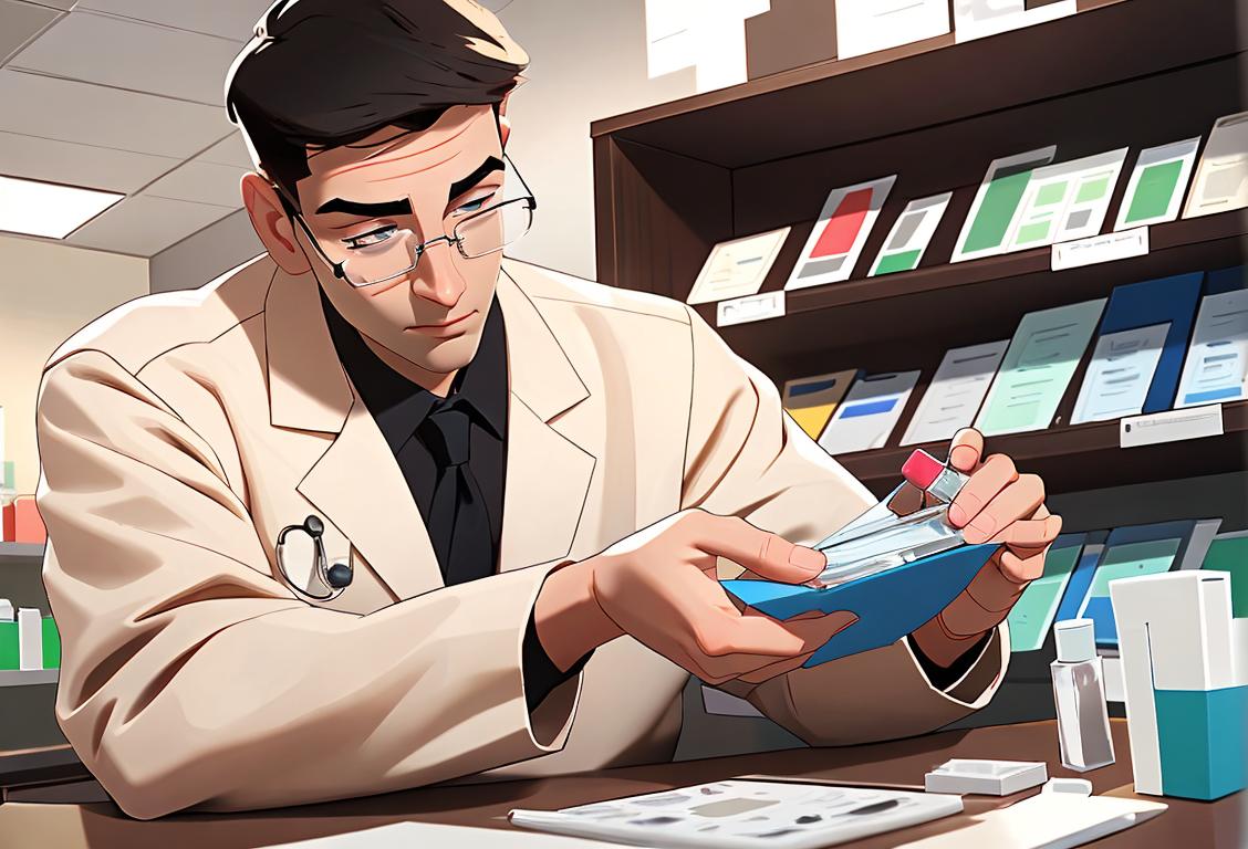 Young man safely disposing of prescription drugs, wearing a lab coat, in a modern pharmacy setting..