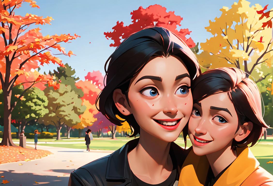 Two friends in a park, one whispering something into the other's ear with a mischievous smile, surrounded by colorful fall foliage.