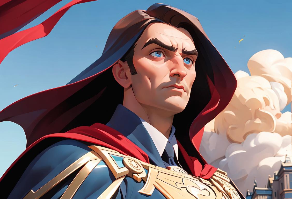 A valiant figure with a noble gaze, donning a heroic cape, surrounded by majestic landscapes and symbols of national pride..