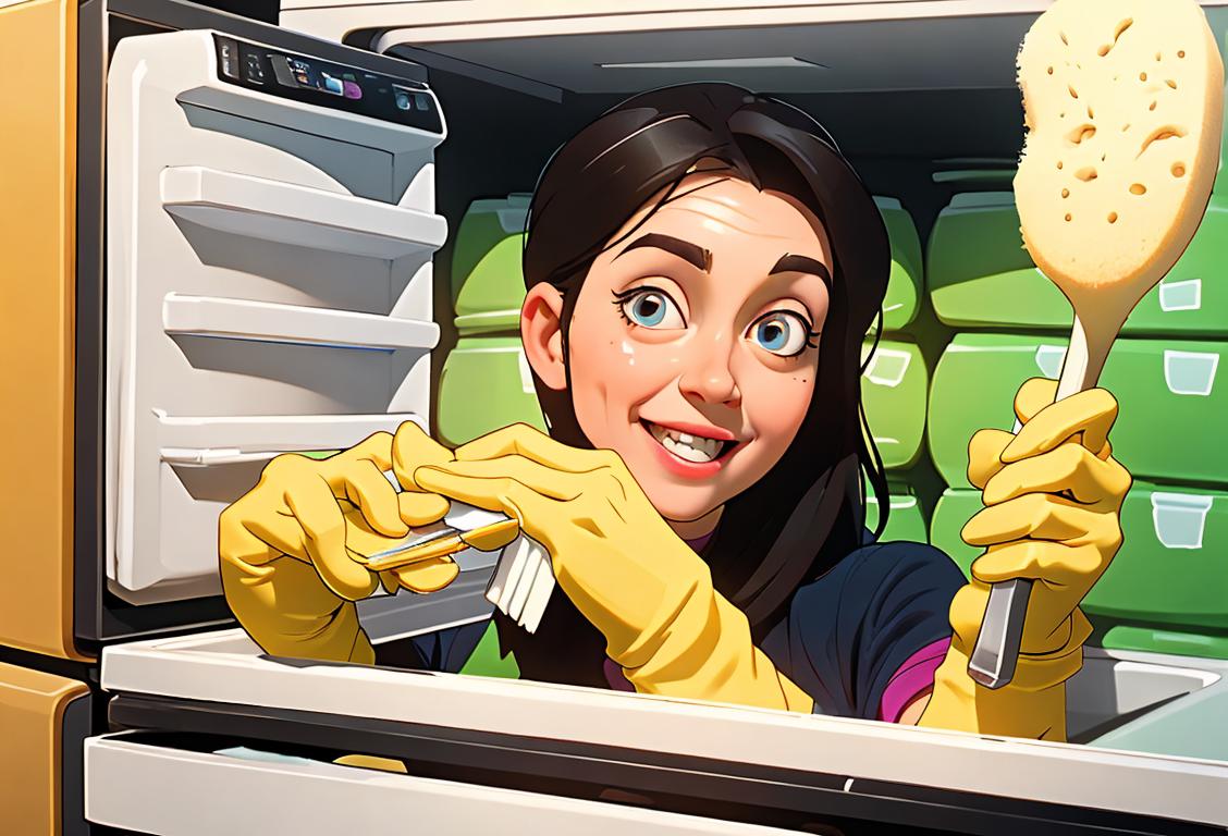 Happy person cleaning out a refrigerator, wearing gloves and holding a sponge, kitchen setting with fresh fruits and veggies..