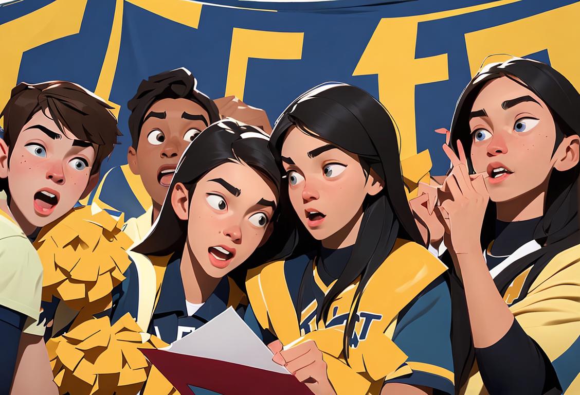 College athlete signing their letter of intent, surrounded by cheering teammates and coaches, wearing team colors and holding a university pennant..