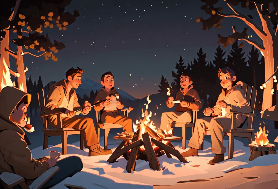 Group of diverse people gathered around a campfire, roasting marshmallows on graham crackers, cozy outdoor setting with twinkling lights..