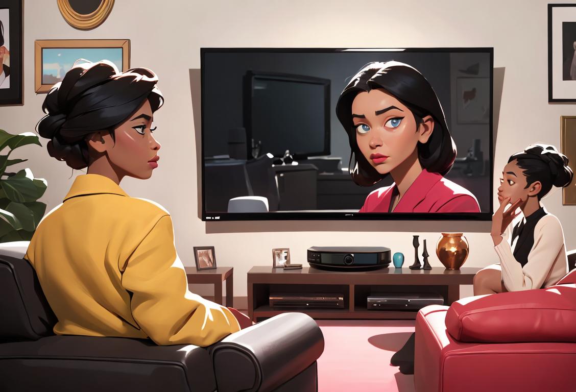 A diverse group of people watching a TV show, dressed in a variety of fashionable outfits, in a cozy living room setting..