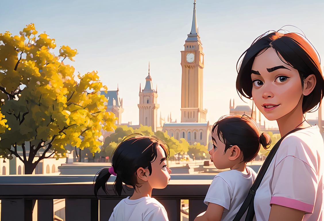 Happy family exploring national capital city, wearing matching t-shirts, admiring iconic landmarks, bustling cityscape in the background..