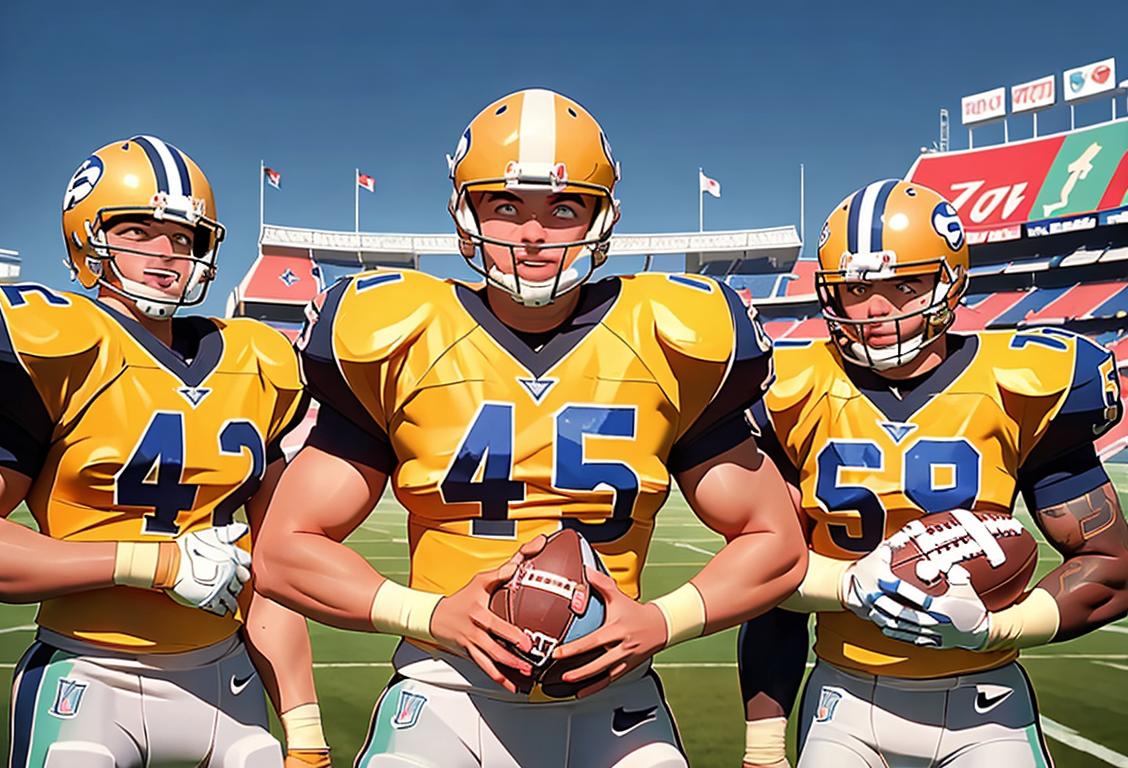 Group of professional football players, wearing team jerseys, posing with trophies and football helmets, stadium backdrop..