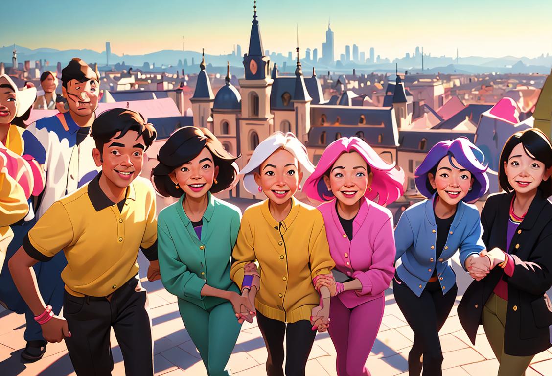 A diverse group of people from different backgrounds and ages wearing vibrant clothing, smiling and holding hands, against a colorful and lively cityscape backdrop..