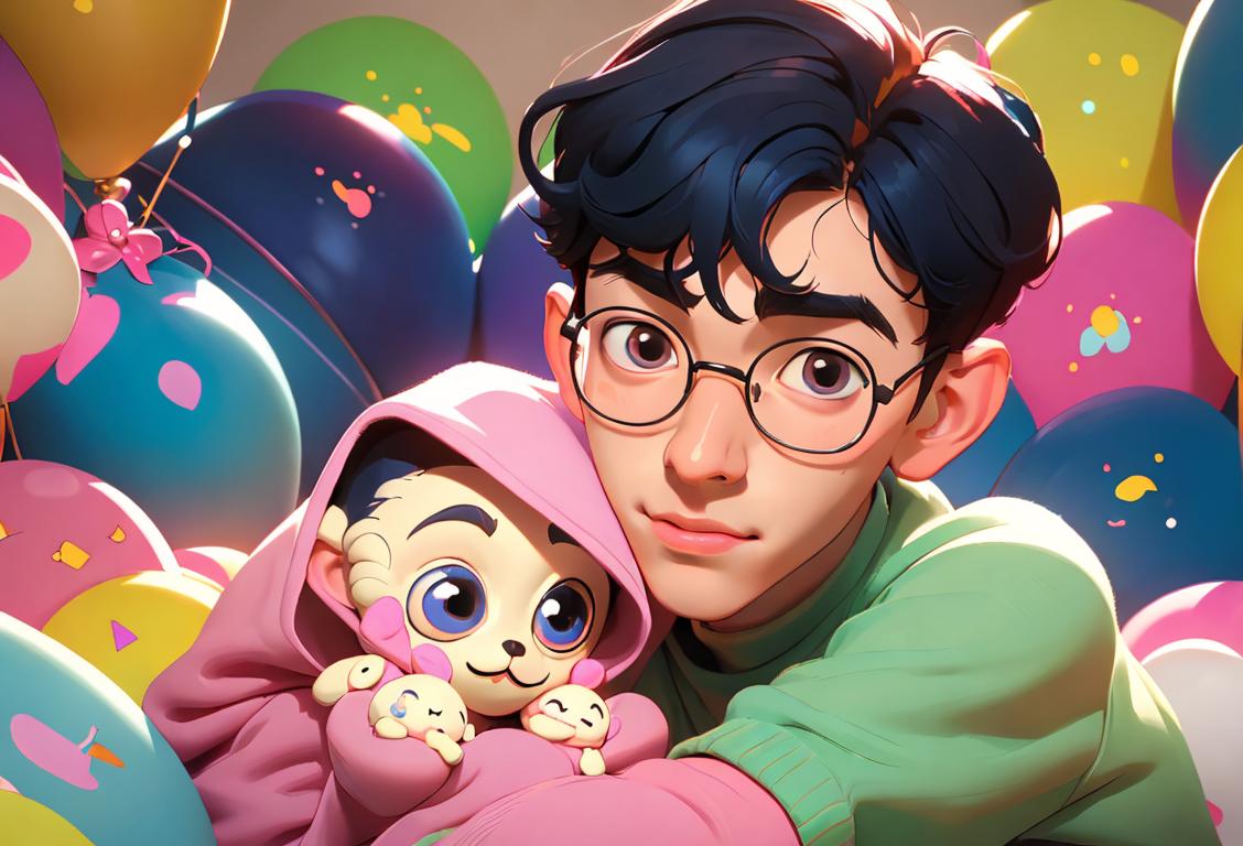 Young adult with adorable facial expression, wearing a cozy sweater, surrounded by whimsical decorations and bright colors..