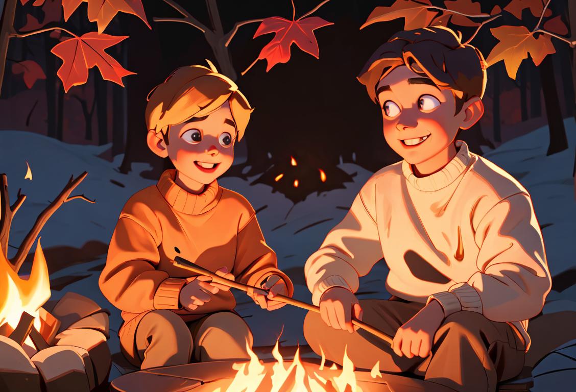 Two smiling children roasting marshmallows over a campfire, wearing cozy sweaters, surrounded by autumn foliage..