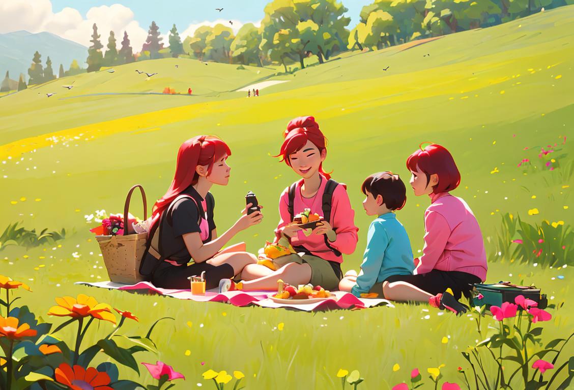 Cheerful family hiking through breathtaking landscapes, wearing colorful outdoor gear, with a picnic basket and binoculars, surrounded by wildflowers and birdsong..