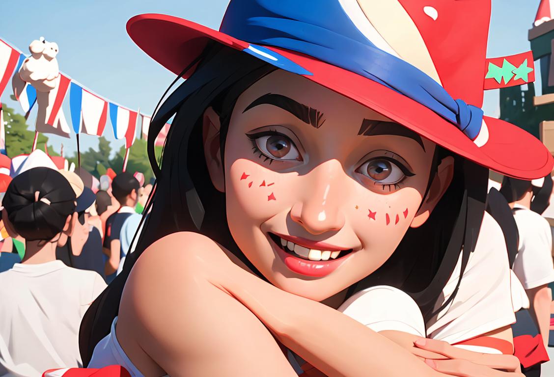 Smiling young woman wearing a patriotic hat, embracing the joyful spirit of National NMD Day, surrounded by festive decorations and a diverse group of people..