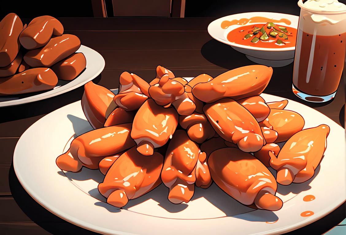 A group of friends gathered around a plate of buffalo wings, with a variety of sauces and napkins, enjoying the deliciousness together..