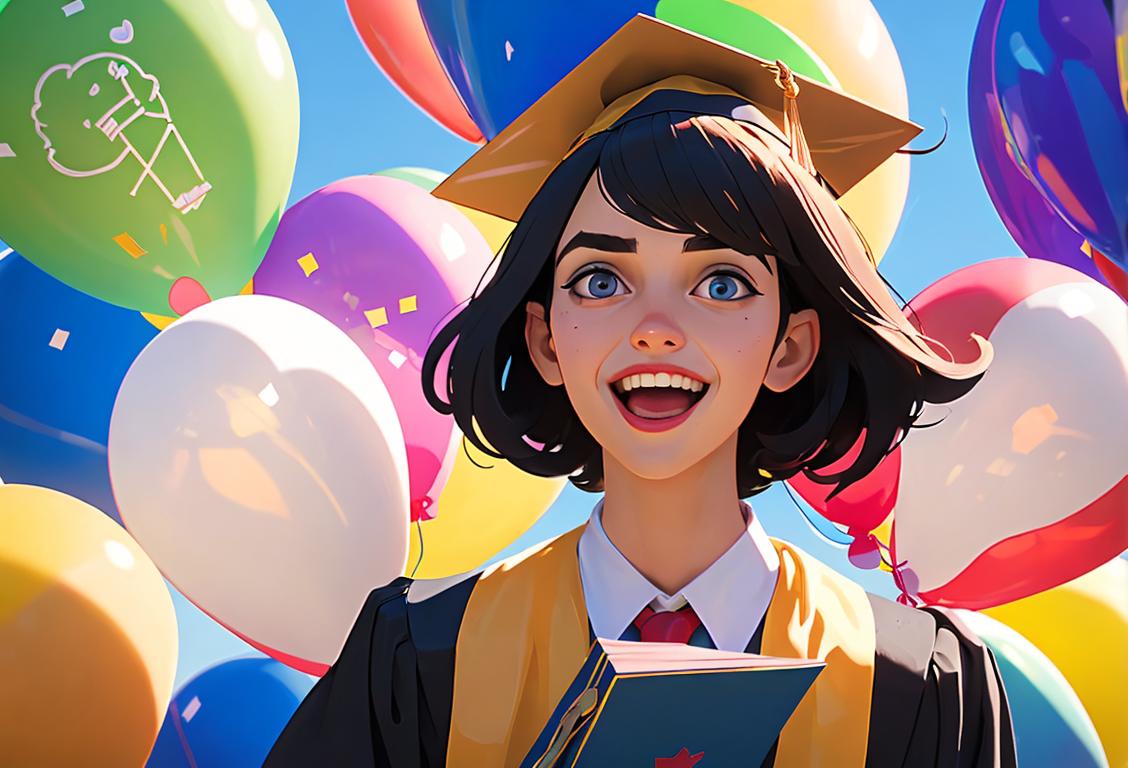 A joyful graduate wearing a graduation cap and gown, surrounded by balloons, friends, and family, capturing the excitement and pride of National Graduation Day..