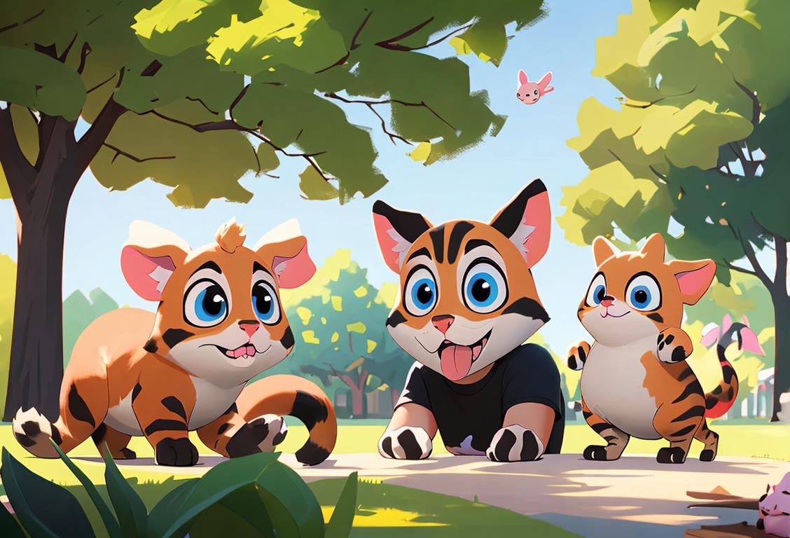 A group of diverse people wearing animal themed t-shirts, surrounded by cute animals, in a park setting..