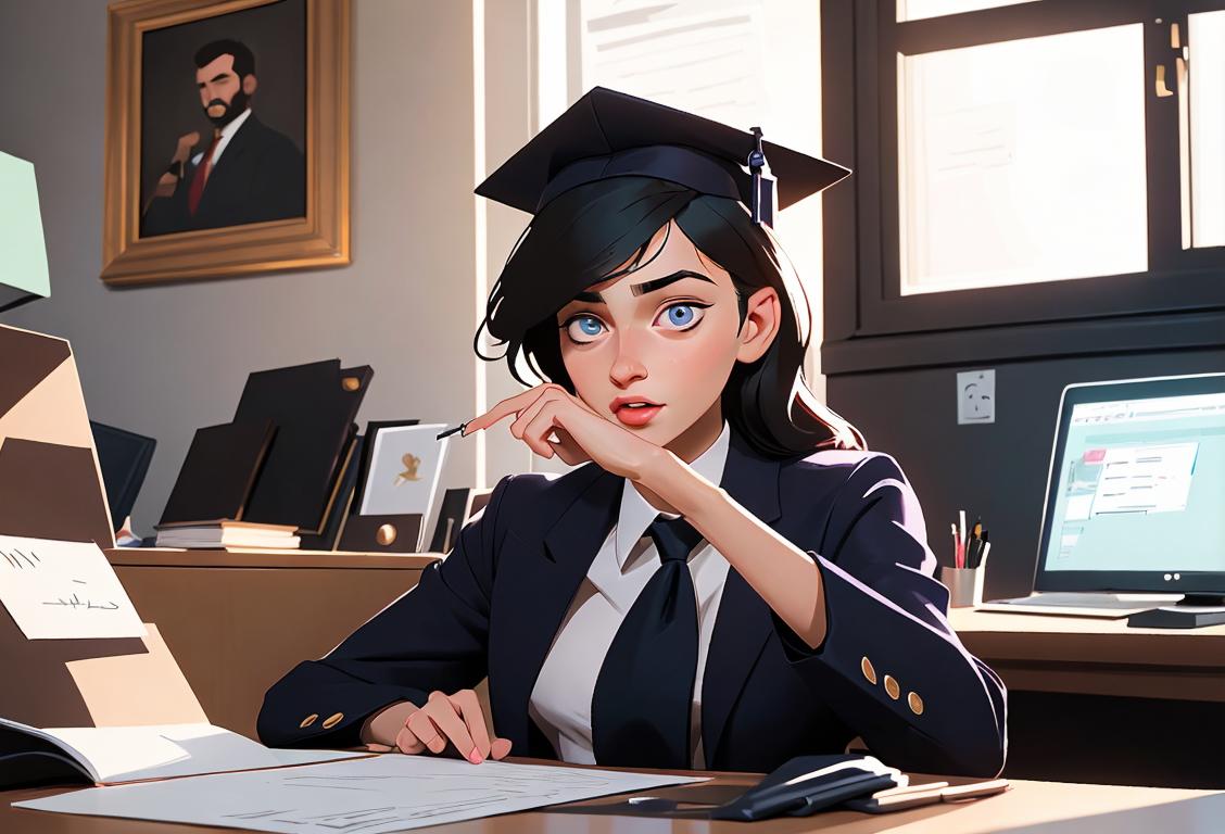 A young person confidently speaking in proper sentences, wearing a graduation cap, professional attire, in a modern office setting..