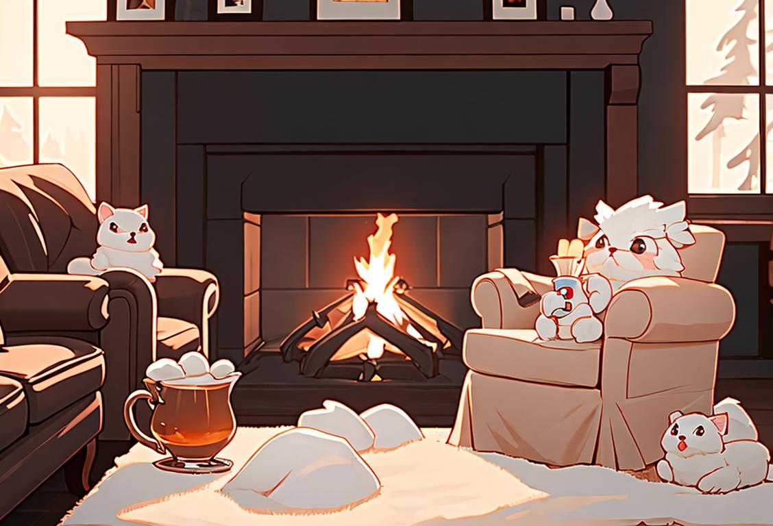 Cozy living room with a crackling fire, a warm cup of hot cocoa, and fluffy blankets..