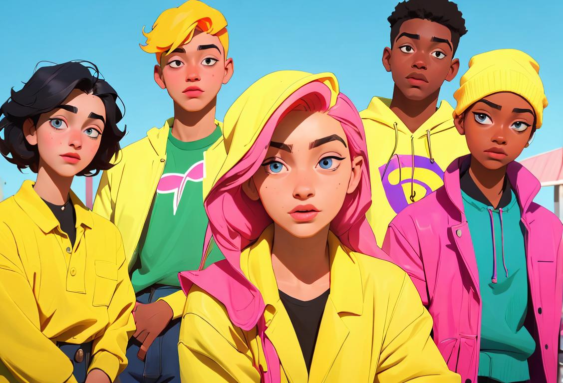 A group of diverse young individuals dressed in trendy clothing, with colorful backgrounds representing the vibrant energy of youth..