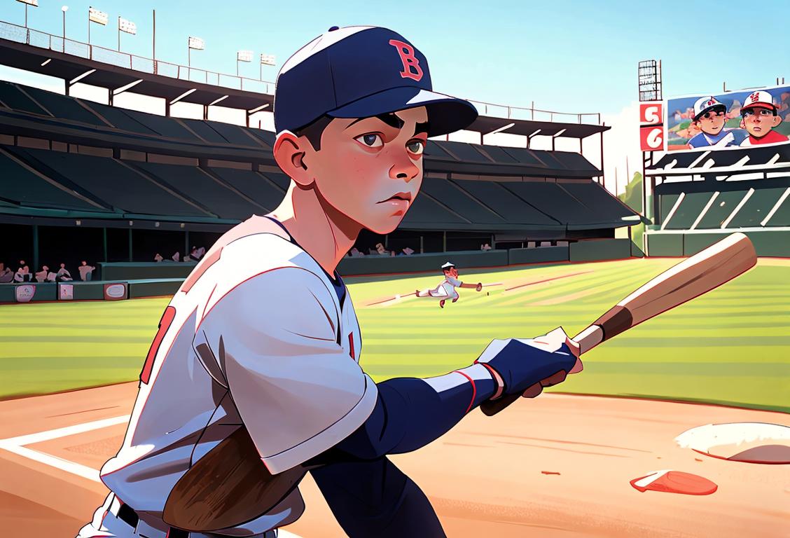 Young boy swinging a baseball bat, wearing a baseball cap and jersey, surrounded by a nostalgic baseball stadium backdrop..