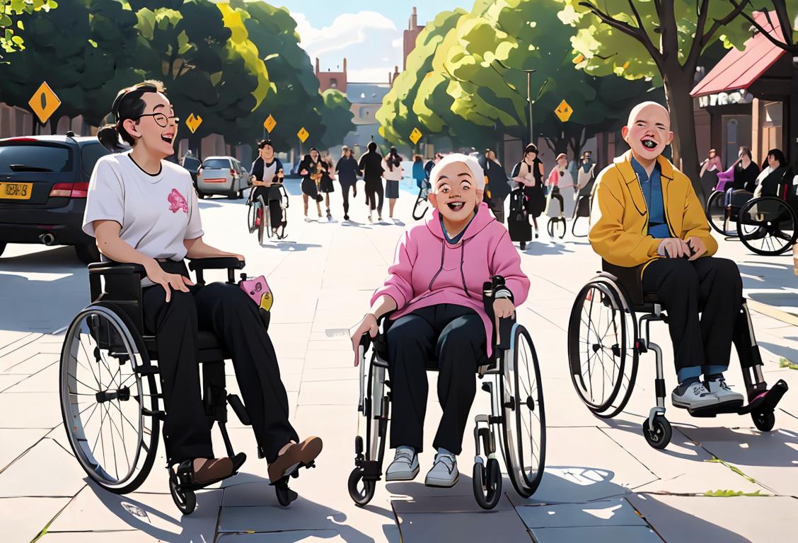 A diverse group of individuals with disabilities joyfully engaging in outdoor activities, showcasing various fashion styles and using mobility aids..